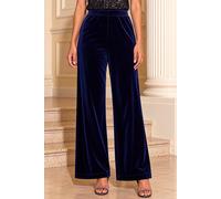 Roman Wide Leg Velvet Stretch Trousers for Women UK - Ladies Autumn Everyday Winter Holiday High Waisted Comfy Pull On Soft Pants Warm Feel Bottoms - Petite Midnight Blue - Size 8