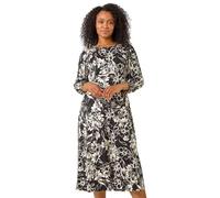 Roman Petite Zebra Print Stretch Midi Dress for Women UK - Ladies Everyday Autumn Winter Round Neckline Comfy Soft Evening Vacation Work Party Night Out - Petite Raven - Size 14