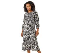 Roman Petite Zebra Print Stretch Midi Dress for Women UK - Ladies Everyday Autumn Winter Round Neckline Comfy Soft Evening Vacation Work Party Night Out - Petite Black - Size 18