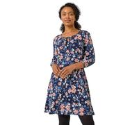 Roman Petite Zebra Print Stretch Midi Dress for Women UK - Ladies Everyday Autumn Winter Round Neckline Comfy Soft Evening Vacation Work Party Night Out - Petite Navy Multi - Size 14