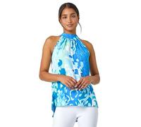 Roman Petite Zig Zag Print Halterneck Top for Women UK - Ladies Spring Everyday Summer Holiday High Round Neckline Comfy Sleeveless Soft Stretch Jersey Shirt Day Out Blouses - Blue & Blanc - Size 18