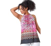 Roman Petite Zig Zag Print Halterneck Top for Women UK - Ladies Spring Everyday Summer Holiday High Round Neckline Comfy Sleeveless Soft Stretch Jersey Shirt Day Out Blouses - Pink - Size 12