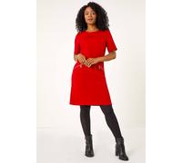 Roman Originals Spot Print Zip Pocket Jersey Dress for Women UK - Ladies Everyday Holiday Autumn Winter Round Neck 3/4 Sleeves Comfy Soft Evening Vacation Work Party Shift - Petite Red - Size 14