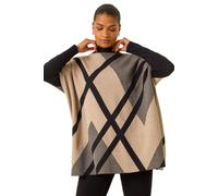 Roman Plaid Asymmetric Knit Poncho In Beige Beige One Size