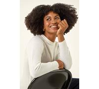 Roman Originals Soft Jumper for Women UK Ladies Winter Autumn Sweater Knit Knitwear Round Crew Neck Top Plain Lightweight Comfy Long Sleeve Split Hem Everyday Daywear - Ivory - Size 14