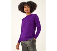 Roman Originals Soft Jumper for Women UK Ladies Winter Autumn Sweater Knit Knitwear Round Crew Neck Top Plain Lightweight Comfy Long Sleeve Split Hem Everyday Daywear - Purple - Size 20