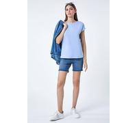 Roman Plain Stretch Cotton Jersey T-Shirt for Women UK - Ladies Spring Everyday Summer Holiday Round Neckline Comfy Short Sleeve Soft Woven Fabric Tee Daywear Vacation Shirts - Light Blue - Size 14
