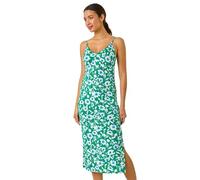 Roman Plain Stretch Jersey Pocket Midi Dress for Women UK - Ladies Spring Everyday Summer Holiday V-Neckline Comfy Sleeveless Soft Frock Vacation Gowns - Floral Green - Size 20