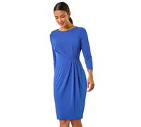 Roman Plain Stretch Side Ruched Midi Dress for Women UK - Ladies Autumn Everyday Winter Holiday V-Neckline Comfy Long Sleeve Soft Fit & Flare Frock Office Desk Gowns - Plain Royal Blue - Size 18