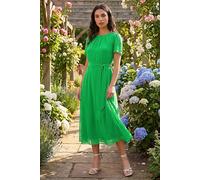 Roman Originals Pleat Chiffon Belted Midi Dress for Women UK - Ladies Everyday Holiday Spring Summer Round Neckline Comfy Soft Evening Vacation Work Party - Green - Size 18