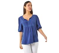 Roman Pleat Detail Tie Neck Top for Women UK - Ladies Spring Everyday Summer Holiday Short Sleeve Soft Ladder Trim Comfy Cool Tunic Shirt Office Work Blouses - Blue - Size 14