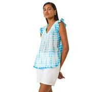 Roman Pleated Tie Dye Frill Top for Women UK - Ladies Spring Everyday Summer Holiday V-Neckline Comfy Sleeveless Soft Ruffle Detail Shirt Office Business Blouses - Turquoise - Size 14