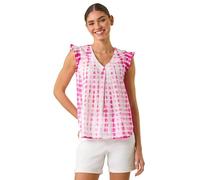 Roman Pleated Tie Dye Frill Top for Women UK - Ladies Spring Everyday Summer Holiday V-Neckline Comfy Sleeveless Soft Ruffle Detail Shirt Office Business Blouses - Cerise - Size 16