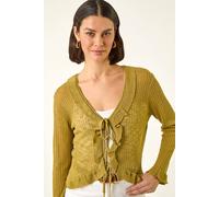 Roman Pointelle Frill Tie Front Top In Olive Olive 20
