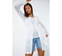 Roman Originals Longline Tie Cotton Blend Knit Cardigan for Women UK - Ladies Everyday Holiday Spring Summer Comfy Soft Evening Vacation Work Party - White - Size 10