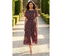 Roman Floral Print Pleat Neck Midi Dress for Women UK Ladies Spring Everyday Summer Holiday Round Neckline Comfy Short Sleeve Soft Fit & Flare Frock Dinner Date - Polka Dot Brown - Size 12