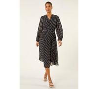 Roman Polka Dot Pleated Midi Dress In Black Black 10