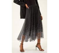 Roman Originals Polka Dot Print Elasticated Mesh Skirt for Women UK - Ladies Everyday Autumn Winter Comfy Soft Evening Vacation Work Party Night Out - Black - Size 16