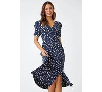 Roman Polka Dot Ruched Sleeve Midi Dress In Navy Navy 20