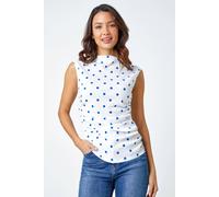 Roman Polka Dot Ruched Stretch Top for Women UK - Ladies Spring Everyday Summer Break Spot Print Comfy Sleeveless Soft Jersey High Neckline Vest Beach Shirts - Blue - Size 20