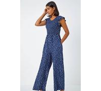 Roman Originals Polka Dot Shirred Pocket Jumpsuit for Women UK - Ladies Everyday Holiday Spring Summer Round Neckline Comfy Soft Evening Vacation Work Party - Navy - Size 18