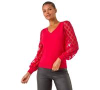 Roman Originals Polka Dot V-Neck Sleeve Knit Jumper for Women UK - Ladies Everyday Autumn Winter V-Neckline Comfy Soft Evening Vacation Work Party Night Out - Red - Size 14
