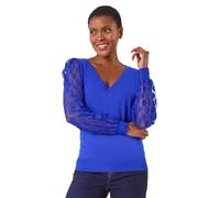 Roman Originals Polka Dot V-Neck Sleeve Knit Jumper for Women UK - Ladies Everyday Autumn Winter V-Neckline Comfy Soft Evening Vacation Work Party Night Out - Royal Blue - Size 10