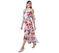 Roman Poppy Floral Frill Halterneck Dress for Women UK - Ladies Spring Everyday Summer Holiday Sleeveless Soft Maxi Length Comfy Fit & Flare Frock Beach Dinner Gowns - Ivory - Size 12