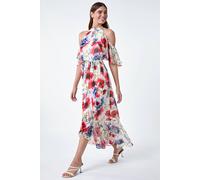 Roman Poppy Floral Frill Halterneck Dress for Women UK - Ladies Spring Everyday Summer Holiday Sleeveless Soft Maxi Length Comfy Fit & Flare Frock Beach Dinner Gowns - Ivory - Size 10