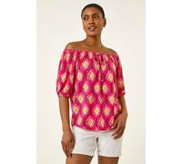 Roman Printed Bardot Tie Front Stretch Top In Pink Pink 20