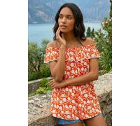Roman Originals Printed Bardot Trim Detail Top for Women UK - Ladies Everyday Holiday Spring Summer Comfy Soft Evening Vacation Work Party - Orange - Size 12
