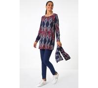 Roman Originals Printed Longline Tunic for Women UK - Ladies Everyday Autumn Winter Round Neckline Comfy Soft Evening Vacation Work Party Night Out - Midnight Blue - Size 14