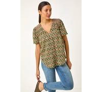 Roman Printed Shirred Shoulder Blouse In Khaki Khaki 14