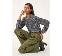 Roman Printed Shirred Tie Neck Top In Navy Navy 18