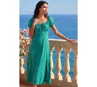 Roman Originals Puff Sleeve Linen Mix Midi Dress for Women UK - Ladies Everyday Holiday Spring Summer Square Neckline Comfy Soft Evening Vacation Work Party - Jade Green - Size 18
