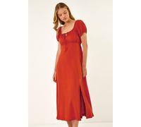 Roman Puff Sleeve Linen Mix Midi Dress In Orange Orange