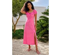 Roman Originals Puff Sleeve Linen Mix Midi Dress for Women UK - Ladies Everyday Holiday Spring Summer Square Neckline Comfy Soft Evening Vacation Work Party - Pink - Size 18