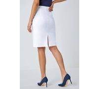 Roman Stretchy Skirt for Women UK Ladies Pencil Jersey Pull On Summer Spring Knee Length Straight Bengaline Denim Elastic Waist Fitted Casual Smart Work Office Split - White - Size 16
