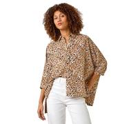 Roman Relaxed Smart Stretch Shirt for Women UK - Ladies Spring Everyday Summer Break 3/4 Length Sleeve Soft Classic Collar Comfy Lightweight Blouse Vacation Tops - Tan Leopard - Size 20