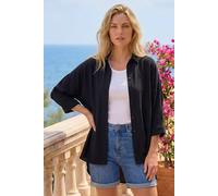 Roman Relaxed Smart Stretch Shirt for Women UK - Ladies Spring Everyday Summer Break 3/4 Length Sleeve Soft Classic Collar Comfy Lightweight Blouse Vacation Tops - Black - Size 10