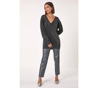 Roman Originals V-Neck Jumper for Women UK Ladies Boyfriend Fit Slouch Sweater Winter Autumn Textured Casual Flattering Knit Pullover Knitwear Daywear Lightweight Lounge - Plain Black - Size 12