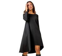 Roman Ribbed Asymmetric Stretch Dress for Women UK - Ladies Autumn Everyday Winter Holiday Round Neckline Comfy Long Sleeve Soft Dipped Hemline Frock Desk to Dinner Gowns - Black - Size 12