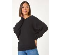 Roman Originals Ribbed Batwing Knit Jumper for Women UK - Ladies Everyday Autumn Winter Slash Neckline Comfy Soft Evening Vacation Work Party Night Out - Black - Size 20