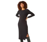 Roman Ribbed Button Detail Stretch Midi Dress In Black Black 20