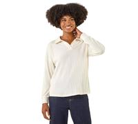 Roman Originals Ribbed Collared Stretch Top for Women UK - Ladies Everyday Autumn Winter V-Neckline Comfy Soft Evening Vacation Work Party Night Out - Cream - Size 16