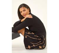 Roman Originals Ribbed Knit Floral Stretch Dress for Women UK - Ladies Everyday Autumn Winter Turtle Neckline Comfy Soft Evening Vacation Work Party Night Out - Black - Size 16