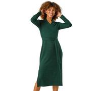 Roman Ribbed Midi Jumper Stretch Dress for Women UK- Ladies Autumn Everyday Winter Holiday V-Neckline Comfy Long Sleeve Soft Bodycon Frock Belt Detail Gowns - Dark Green - Size 14
