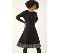 Roman Originals Ribbed Stretch Knit Border Print Dress for Women UK - Ladies Everyday Autumn Winter Round Neckline Comfy Soft Evening Vacation Work Party Night Out - Black - Size 16