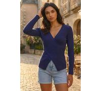 Roman Originals Cable Split Detail Rib Jumper for Women UK - Ladies Everyday Autumn Winter V-Neckline Comfy Soft Evening Vacation Work Party Night Out - Wrap Front Navy - Size 12