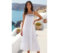 Roman RIC Rac Trim Midi Dress for Women UK - Ladies Spring Everyday Summer Holiday Square Neckline Comfy Sleeveless Soft Smock Frock Office Business Gowns - White - Size 18